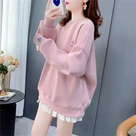 网红炸街加绒加厚圆领卫衣女秋冬2022年新款宽松设计感刺绣上衣潮商品大图