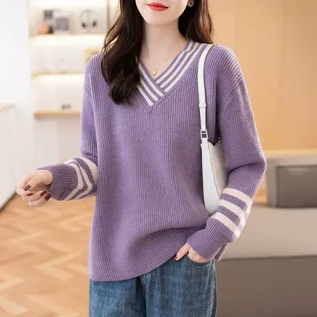 2023秋冬新款韩版宽松V领长袖套头针织衫女士百搭上衣毛衣打底衫商品大图