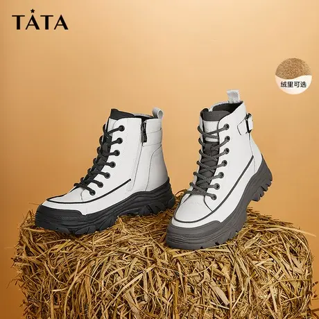 Tata他她时尚拼色厚底马丁靴女春加绒高帮休闲短靴百搭新W3CA1DD2图片
