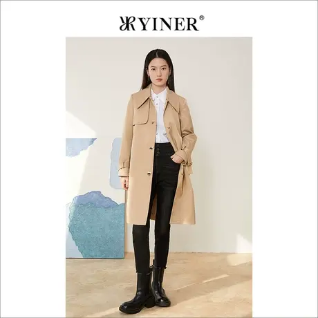 YINER音儿女装2022春季新款气质中长款单排扣风衣商品大图