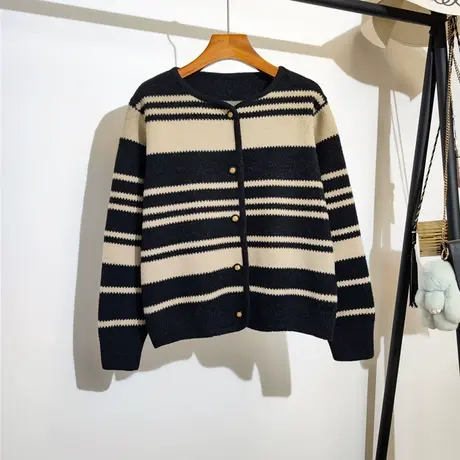 条纹针织开衫女2023秋冬新款宽松圆领百搭休闲设计感小众毛衣外穿商品大图