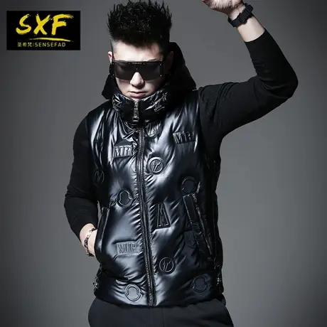 SXF圣希梵羽绒马甲男冬季 2021新款连帽坎肩潮牌压花衣服男士马夹商品大图