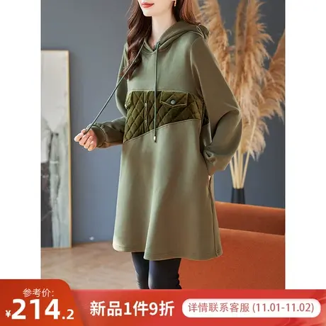 宝诗黎连帽丝绒拼接棉质直筒卫衣裙子2023秋冬新款宽松口袋连衣裙商品大图