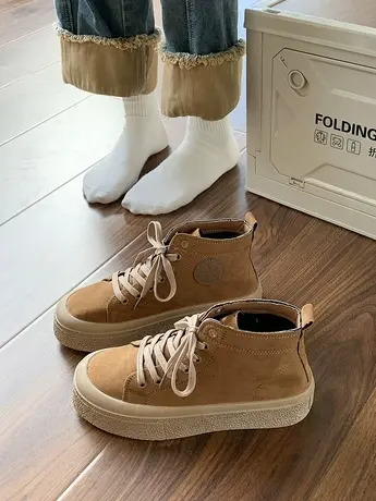 厚底百搭加绒高帮帆布鞋女2023秋冬新款复古欧洲站磨砂皮休闲板鞋商品大图