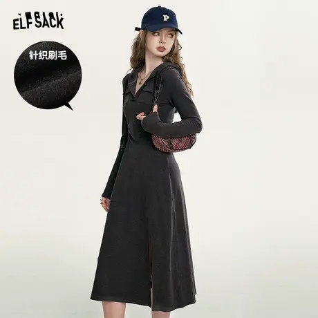妖精的口袋连帽针织长袖连衣裙女2023秋冬新款小个子开叉气质长裙商品大图