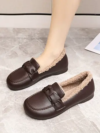 复古加绒豆豆鞋女2023秋冬新款百搭一脚蹬软底外穿棉鞋保暖妈妈鞋商品大图