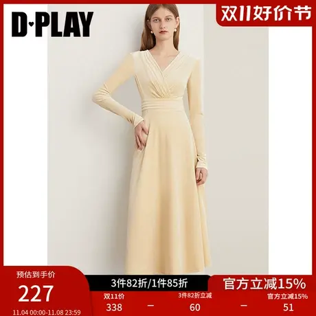 DPLAY2023年冬新法式风杏色V字领垂坠感宽腰封丝绒连衣裙图片