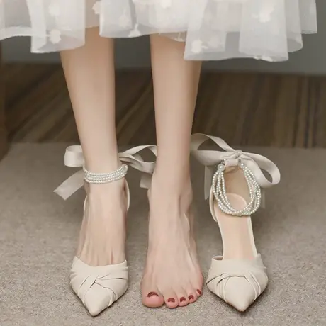 法式高跟鞋女细跟尖头2023年夏季新款仙女配裙子气质女士侧空凉鞋图片