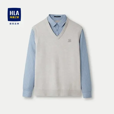 HLA/海澜之家加绒保暖针织衫23秋冬新款假两件撞色条纹长袖毛衣男商品大图