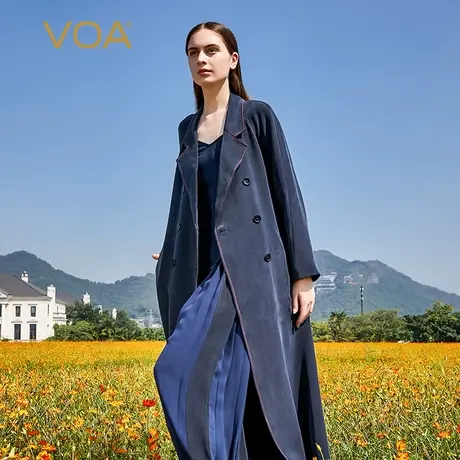 VOA30姆米重磅真丝藏青色西装领双排扣高雅时尚经典桑蚕丝外套商品大图