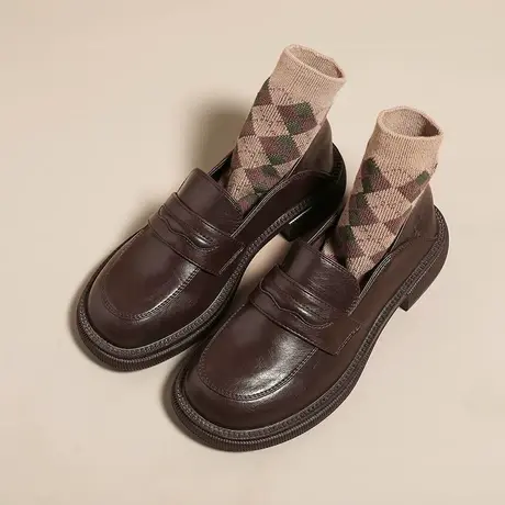 【真皮】小皮鞋女秋季2023新款棕色复古单鞋英伦风厚底增高乐福鞋商品大图