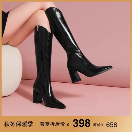 熙漫2022秋冬新款马油贴牛皮长靴优雅粗跟女靴百搭侧拉链高跟靴子图片