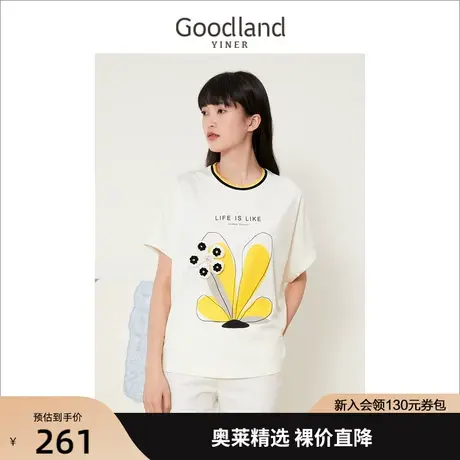 音儿美地女装2022夏季新款撞色圆领立体植物印花原创白色T恤女潮商品大图