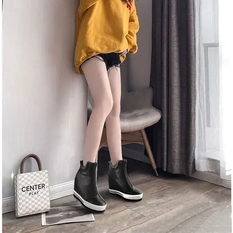 11cm内增高潮鞋小个子黑色休闲鞋女款坡跟旅游单鞋高帮真皮厚底鞋图片