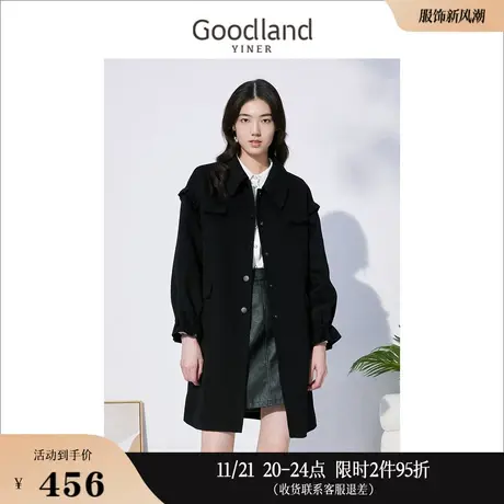 *Goodland美地女装冬季系带收腰羊毛呢子大衣小个子赫本风外套商品大图