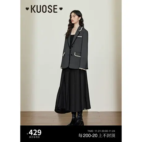 阔色黑灰色休闲西装女2023秋冬新款毛边设计感西服外套气质上衣商品大图