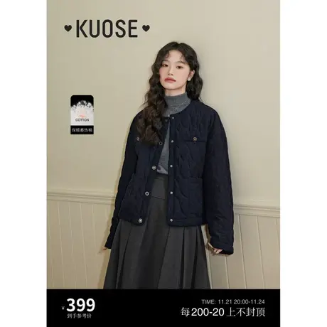 阔色藏蓝色小香风短款圆领棉服女2023新款秋冬灯芯绒开衫棉衣外套商品大图