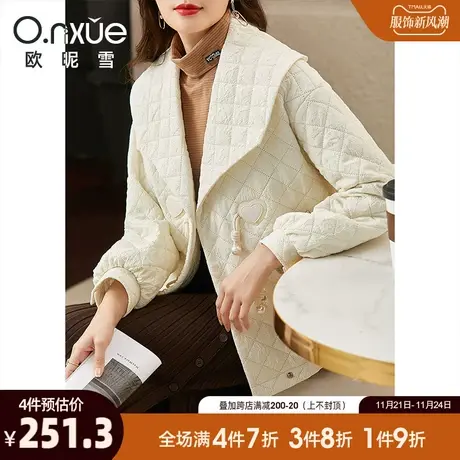 欧昵雪2023冬季新款时尚翻领对扣减龄菱格棉服外套女长袖宽松棉衣商品大图