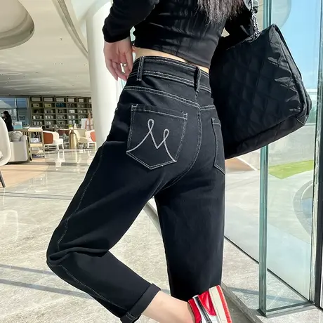 黑色牛仔裤女直筒宽松春秋三防高腰宽松显瘦小个子烟管哈伦老爹裤图片