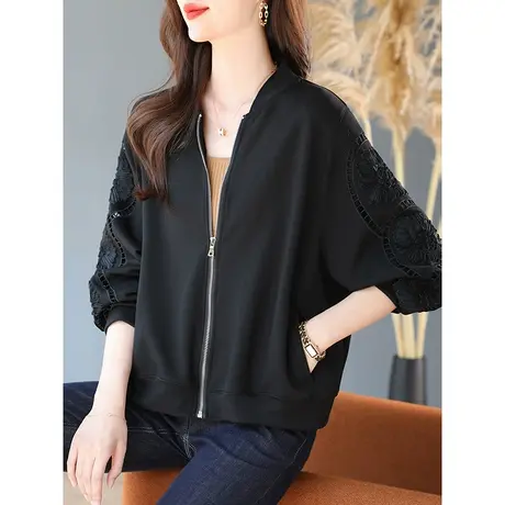 宝诗黎圆领镂空黑色宽松短外套女2024春秋季新款拉链开衫夹克上衣商品大图