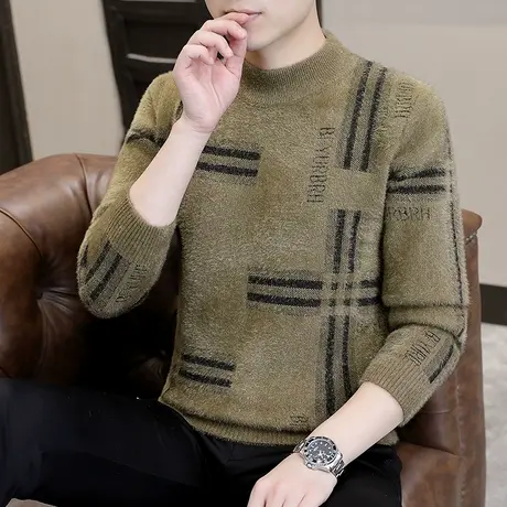 水貂绒毛衣男半高领秋冬季打底针织衫潮流加厚保暖条纹线衣上衣服商品大图