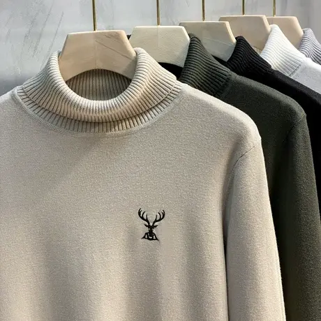 黑色男士翻领领针织衫男新款毛衣高领打底衫长袖T恤潮流小刺绣商品大图