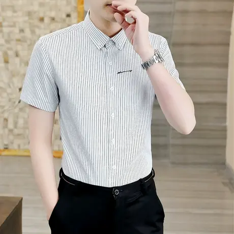 商务休闲男装夏季短袖衬衫潮流休闲时尚条纹男士免烫款衬衣工作服商品大图