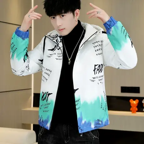 潮牌连帽渐变色帅气夹克外套男秋季学生韩版连帽加绒加厚冬装上衣图片