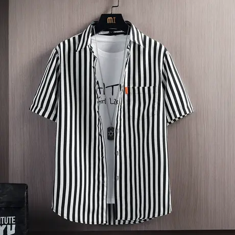 衬衫男条纹休闲潮牌宽松衬衣2023新款夏季青少年冰丝薄款短袖上衣商品大图