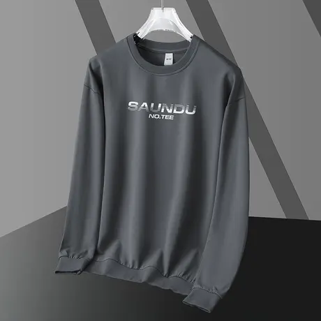 2023新款灰色卫衣男春秋款印花圆领无帽上衣宽松加绒加厚长袖t恤商品大图