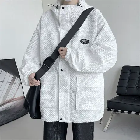春装新款工装夹克男潮流连帽百搭宽松男生纯色外套情侣休闲上衣服图片