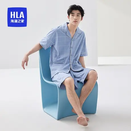 HLA/海澜之家男士翻领格子新款纯棉家居服套装短袖抑菌透气睡衣夏商品大图