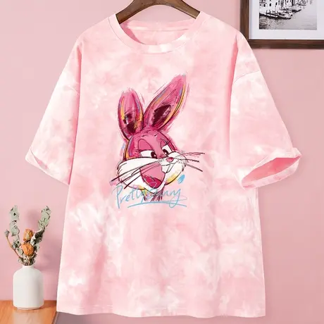 粉色纯棉短袖t恤女夏装上衣2023新款夏季扎染小众设计感半袖体恤商品大图