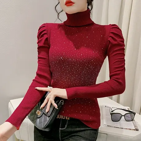 加厚高领毛衣女士秋冬气质泡泡袖针织打底衫内搭紧身烫钻长袖上衣图片