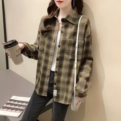 格子拼色衬衫女秋冬上衣2023新款韩版宽松打底衬衣长袖外套潮流商品大图