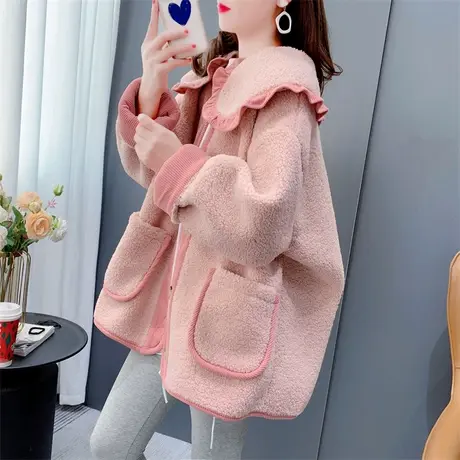 粉色娃娃领羊羔毛加厚外套女2023秋冬新款宽松慵懒风洋气甜美上衣图片