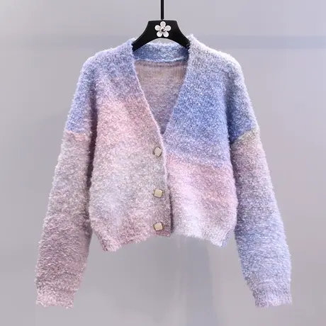 彩虹渐变毛衣外套女秋冬2023年新款日系甜美洋气短款V领针织开衫图片