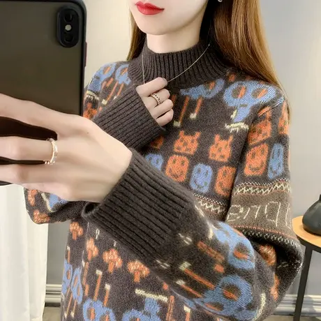 2024年秋冬新款半高领毛衣女设计感小众软糯针织衫宽松长袖上衣女商品大图