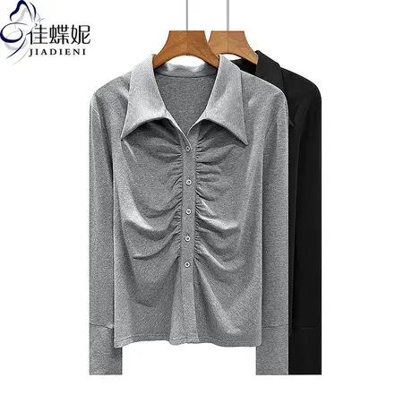 早春新款翻领纯色纯棉开衫袖口开叉长袖体恤上衣女衬衫POLO衫T恤商品大图