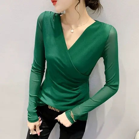 性感V领网纱打底衫女春秋2024新款百搭气质T恤长袖加绒紧身上衣潮商品大图