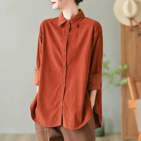 dza 复古纯色全棉翻领长袖衬衫女士春秋新款宽松衬衣休闲显瘦上衣图片