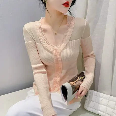 秋季套头网纱拼接针织衫性感木耳边拼接上衣洋气开叉下摆打底衫图片