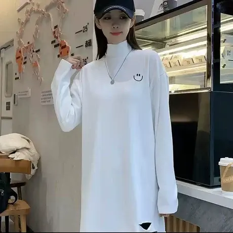 欧货大版白色长袖T恤女宽松磨毛加绒加厚半高领打底衫女刺绣上衣图片