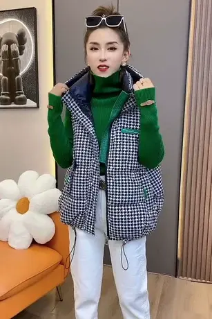 格子羽绒棉服女小个子马甲2023冬季新款连帽宽松百搭马夹棉衣外套商品大图