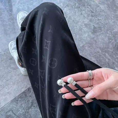 断码清仓  黑色冰丝阔腿裤女夏季薄款印花高腰显瘦垂感防晒束脚裤图片