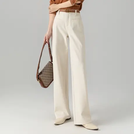 米色秋冬羊毛职业西装休闲裤子女2024新款加绒加厚阔腿裤高腰窄版图片