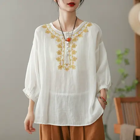 dza 复古绣花苎麻衬衫女2023夏薄款白色衬衣显瘦百搭棉麻套头上衣商品大图