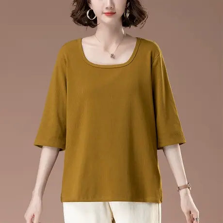 七分袖T恤女早秋宽松加肥加大码女装中年妈妈休闲显瘦中袖棉上衣商品大图