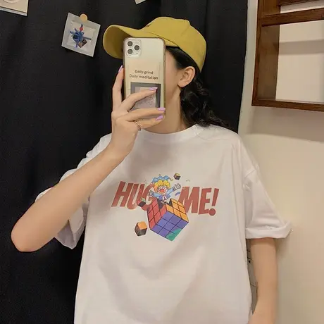 日系纯棉2020夏新款魔方小丑白色T恤女宽松短袖百搭体恤学生半袖商品大图