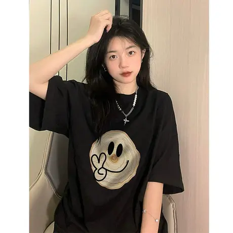 港风日系chic纯棉短袖t恤女2023夏季新款国潮ins宽松大码黑色上衣商品大图